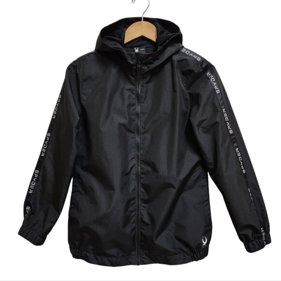 Spyder Jacket Women Sz S Black Hooded Full Zip White Logo Tape Lined Windbreaker - Picture 1 of 12